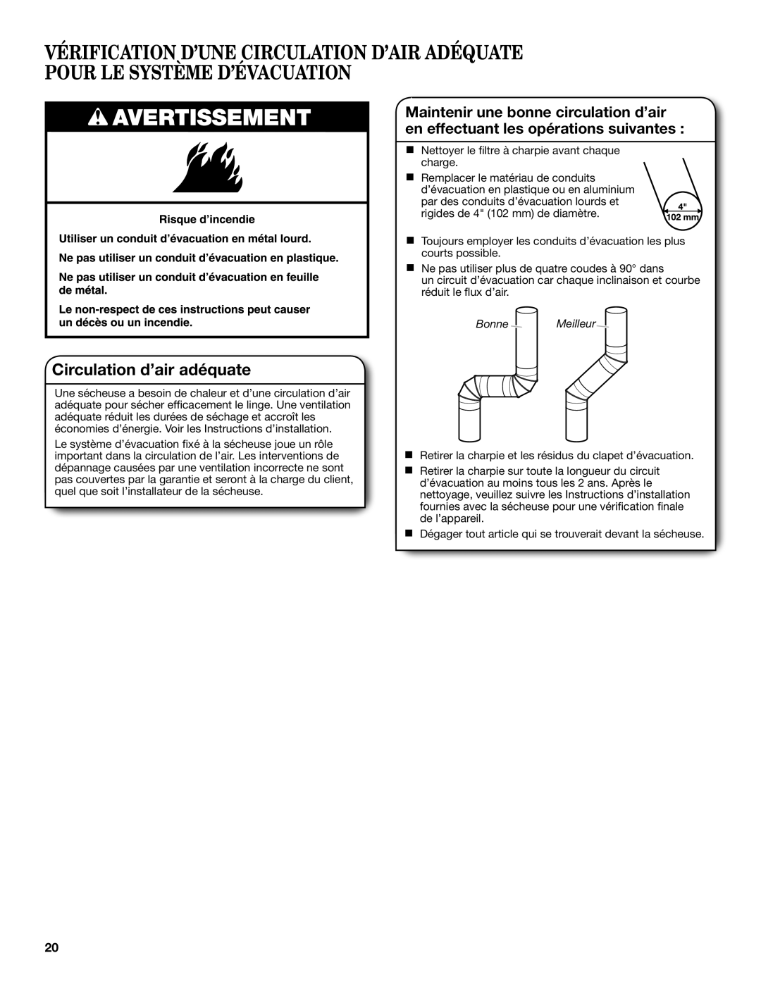 Whirlpool Electronic Dryer manual Circulation d’air adéquate 