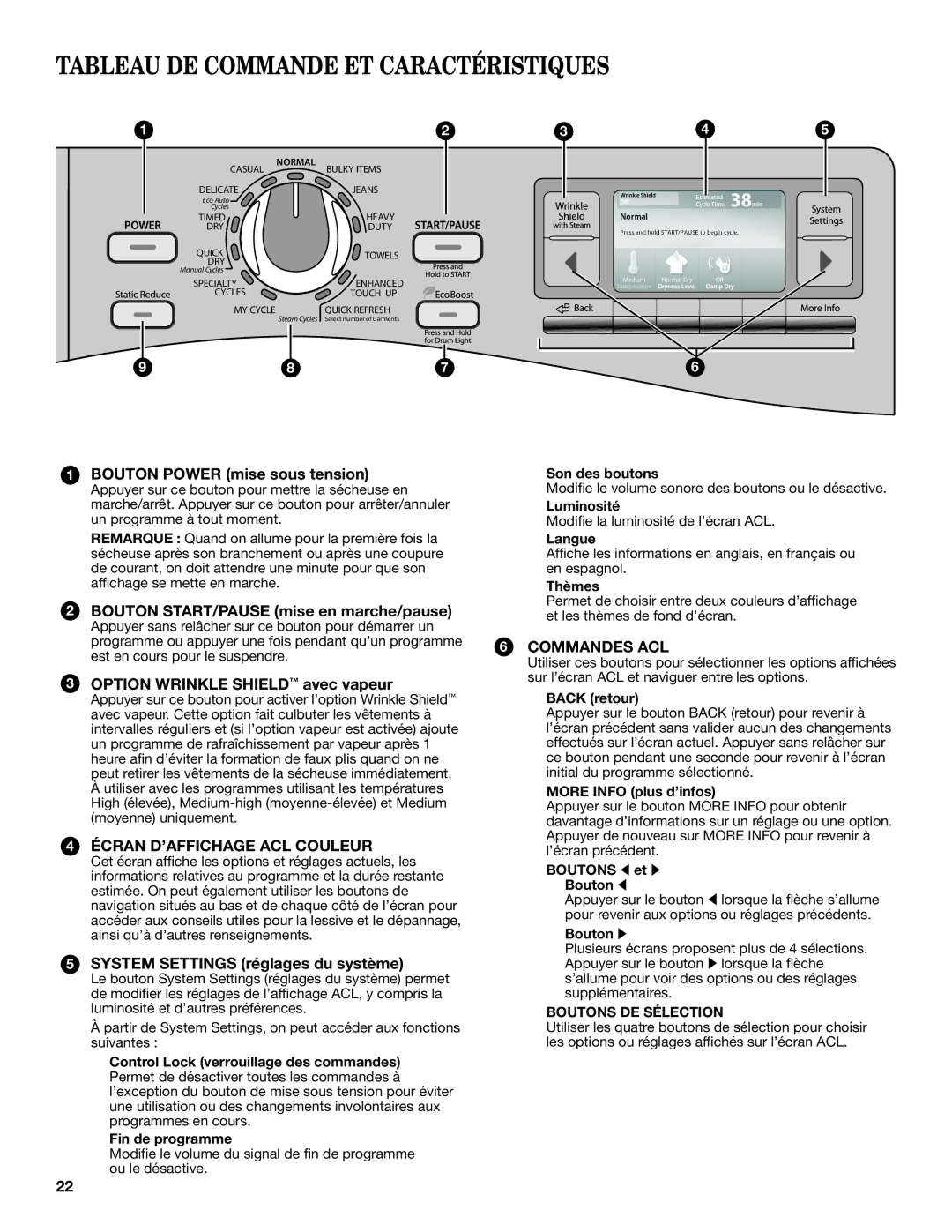 Whirlpool Electronic Dryer manual Tableau DE Commande ET Caractéristiques, Bouton Power mise sous tension 