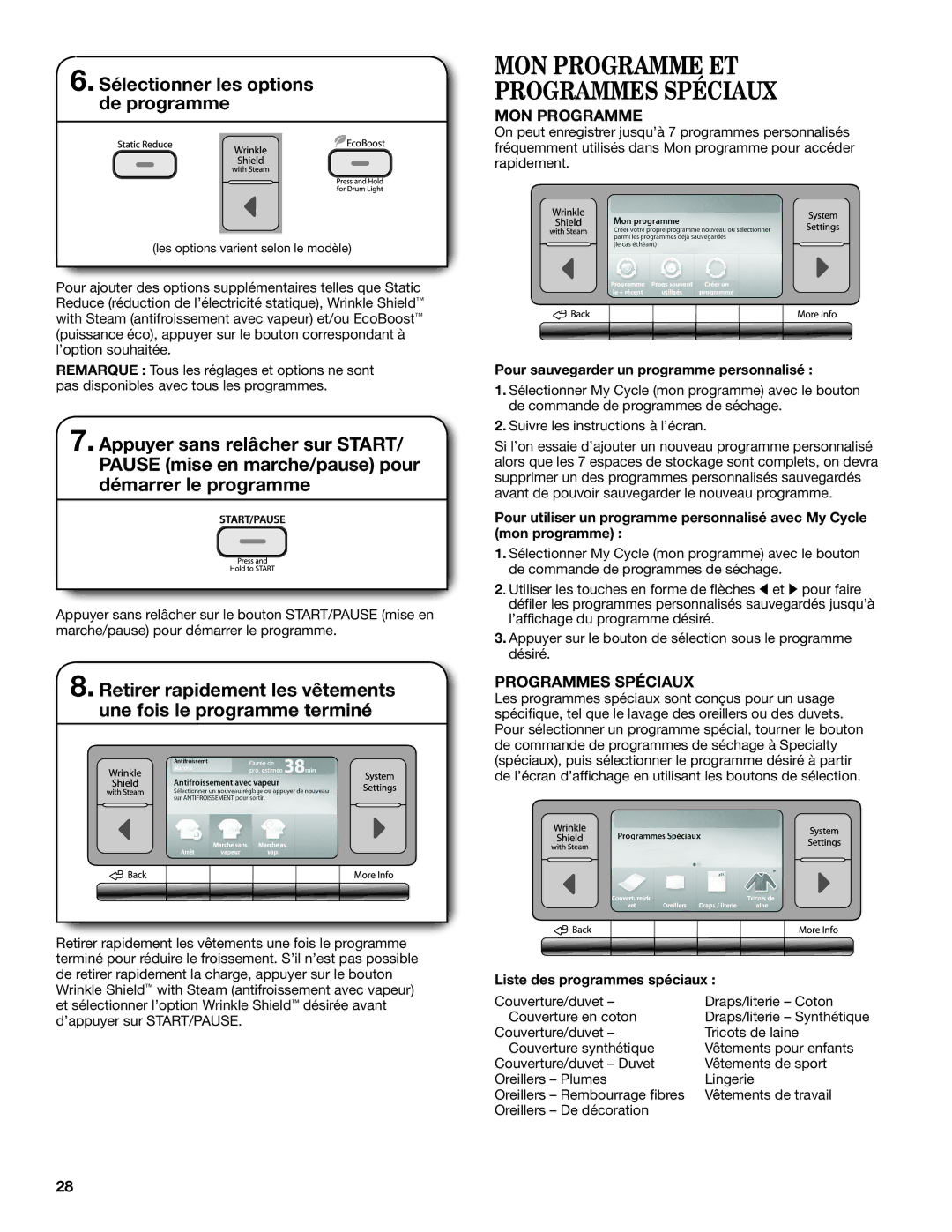 Whirlpool Electronic Dryer manual MON Programme ET Programmes Spéciaux, Sélectionner les options de programme 