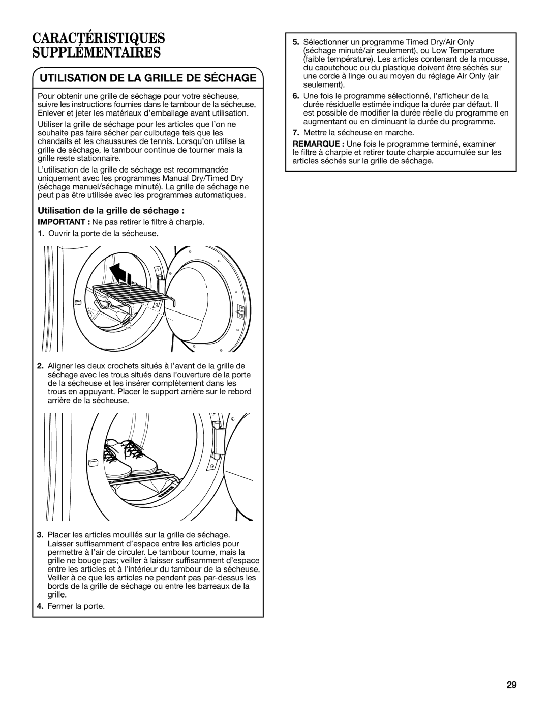 Whirlpool Electronic Dryer manual Caractéristiques Supplémentaires, Utilisation de la grille de séchage 