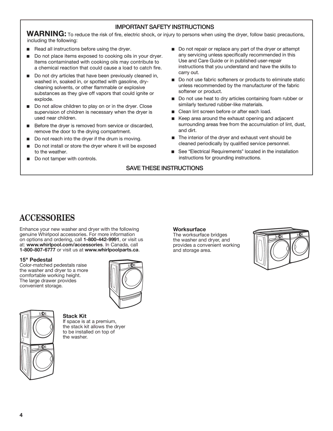 Whirlpool Electronic Dryer manual Accessories, Pedestal, Stack Kit, Worksurface 