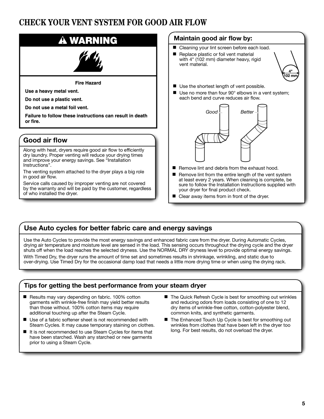 Whirlpool Electronic Dryer manual Check Your Vent System for Good AIR Flow, Maintain good air flow by 