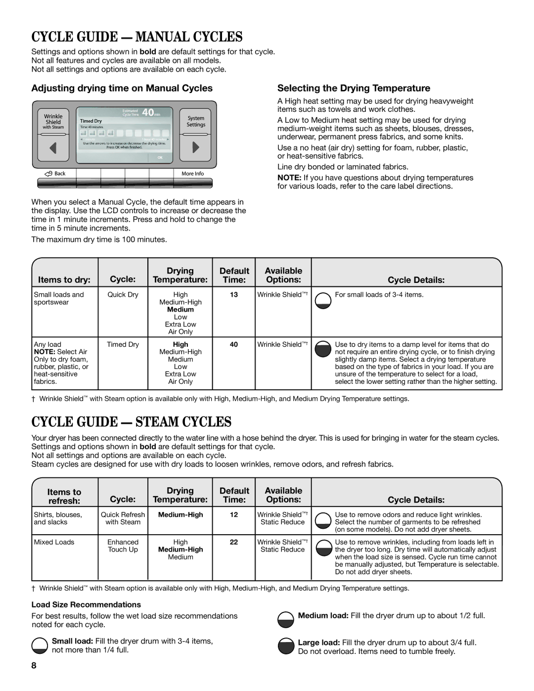 Whirlpool Electronic Dryer manual Cycle Guide Manual Cycles, Cycle Guide Steam Cycles, Options Cycle Details 