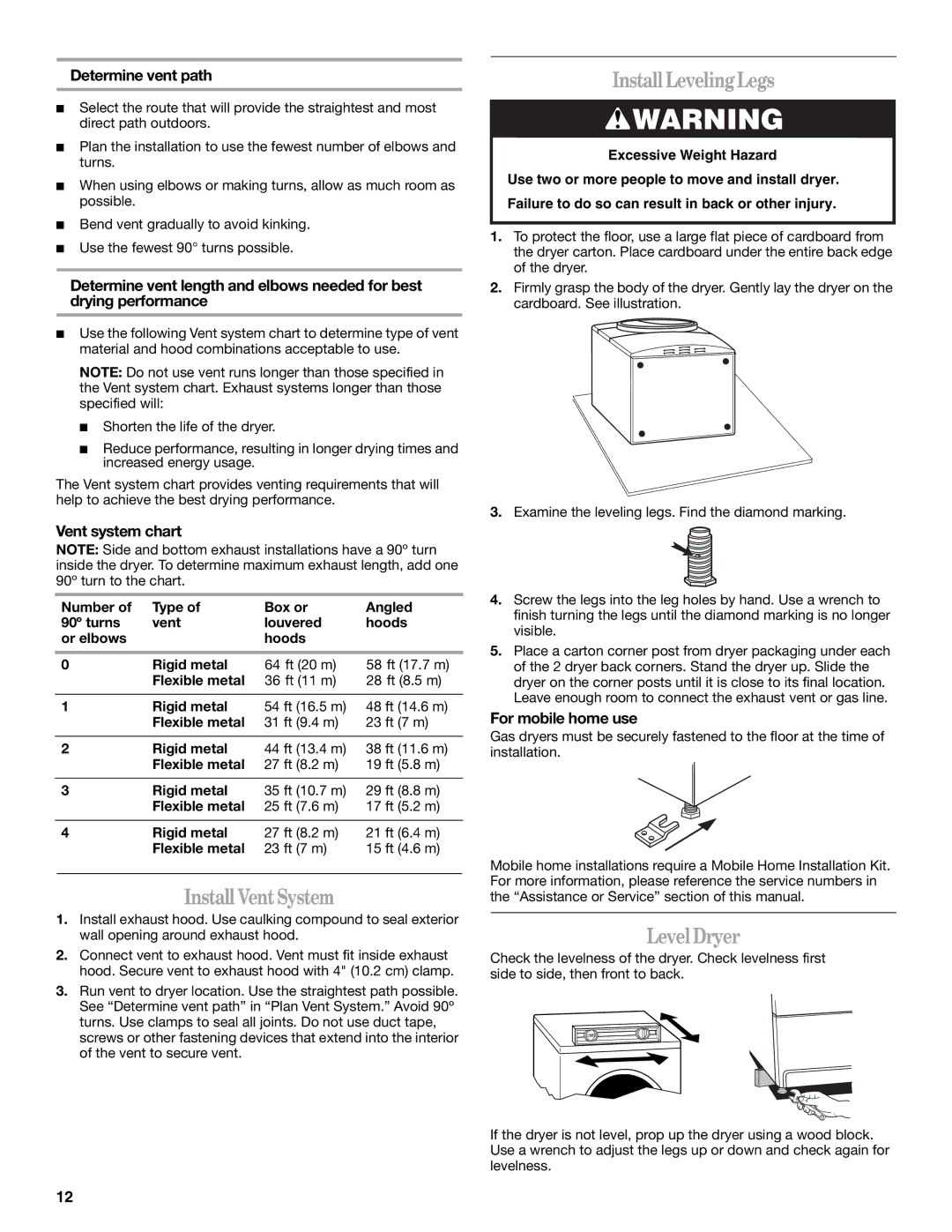 Whirlpool ELECTRONIC GAS DRYER manual Install VentSystem, Install LevelingLegs, LevelDryer 