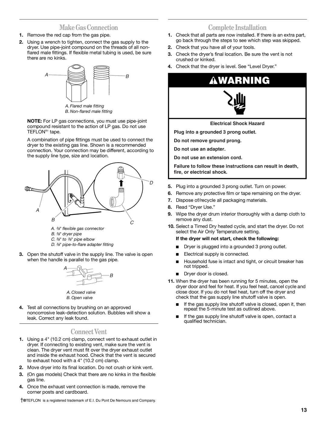 Whirlpool ELECTRONIC GAS DRYER manual MakeGasConnection, CompleteInstallation, ConnectVent 