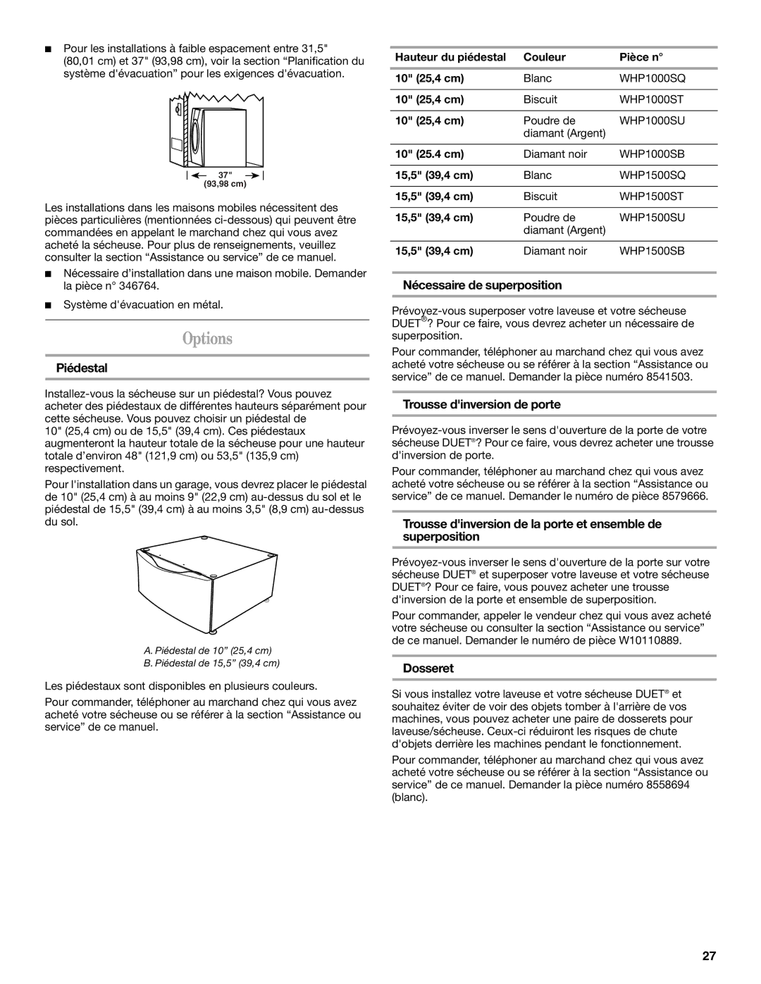 Whirlpool ELECTRONIC GAS DRYER manual Piédestal, Nécessaire de superposition, Trousse dinversion de porte, Dosseret 