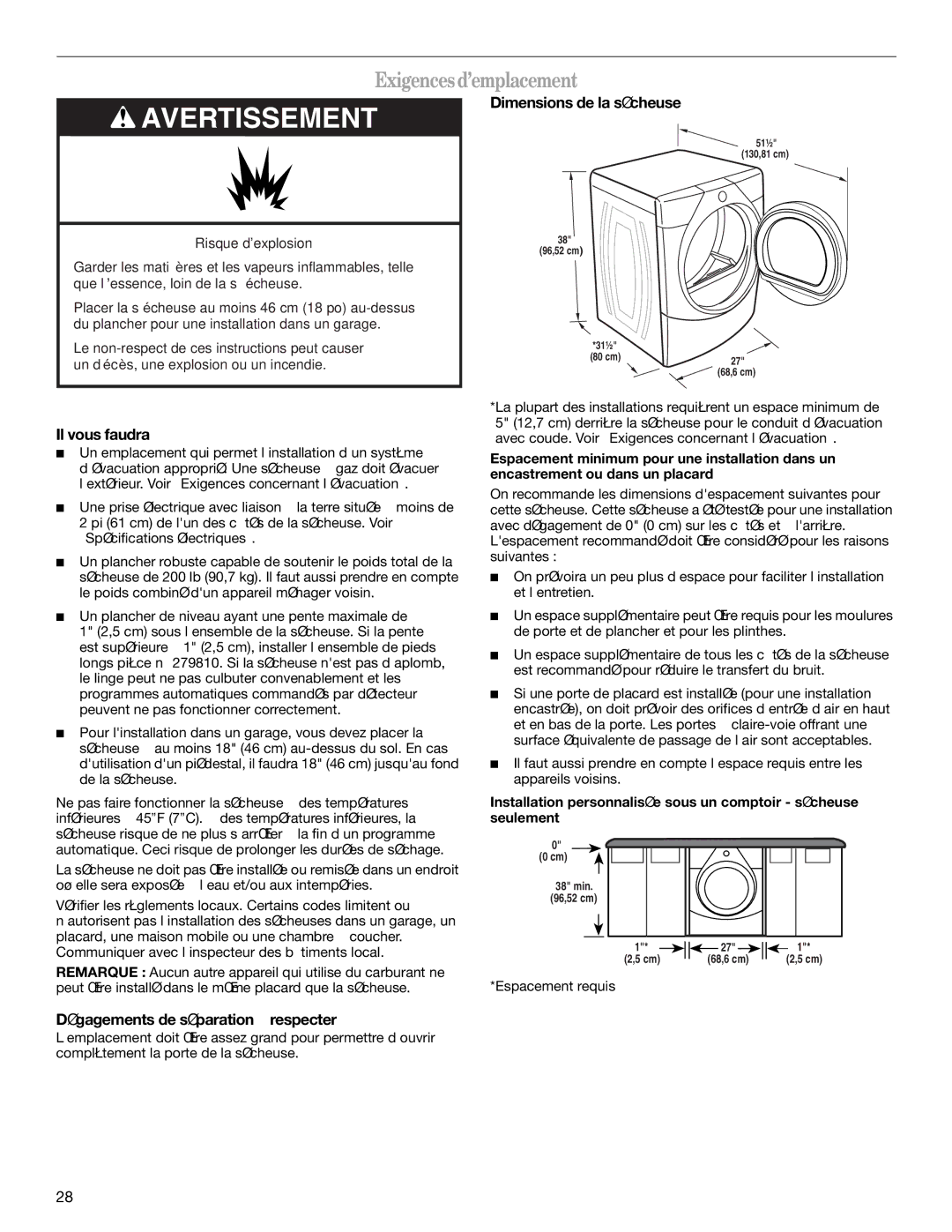 Whirlpool ELECTRONIC GAS DRYER manual Exigencesd’emplacement, Il vous faudra, Dimensions de la sécheuse 