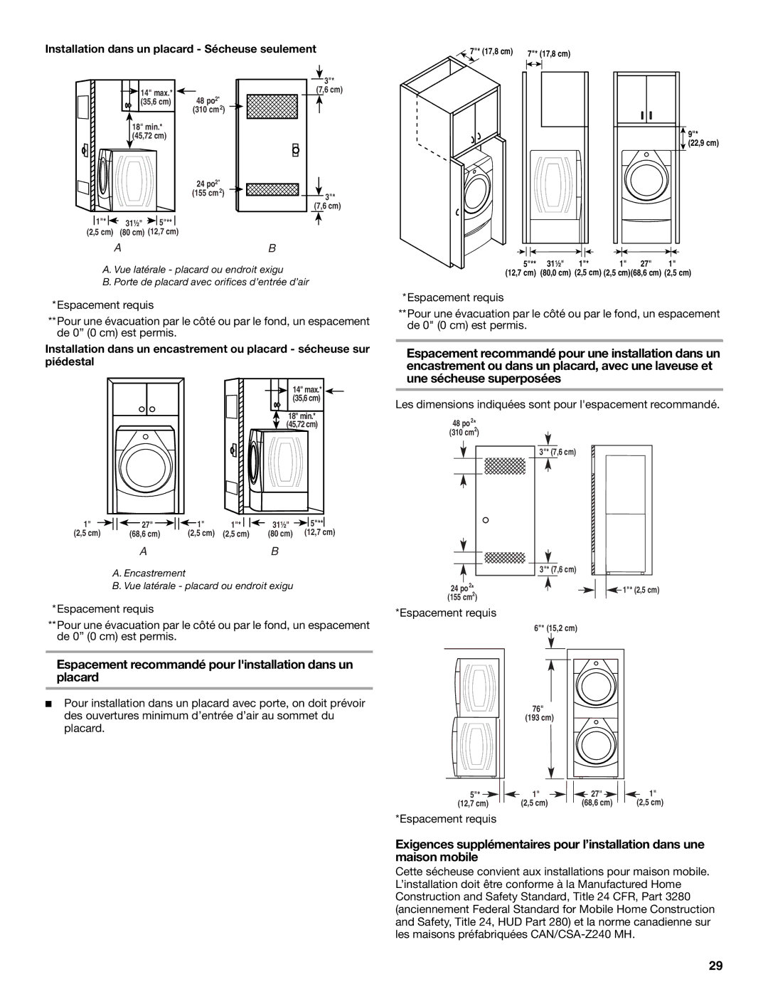 Whirlpool ELECTRONIC GAS DRYER manual Espacement recommandé pour linstallation dans un placard, Espacement requis 