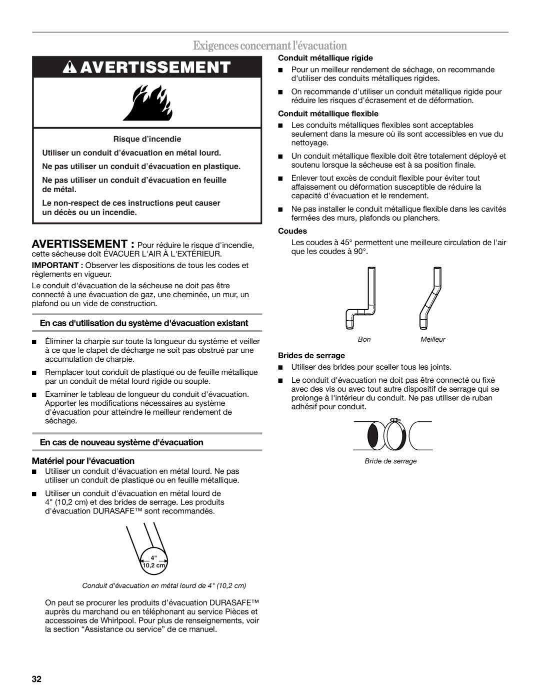 Whirlpool ELECTRONIC GAS DRYER manual Exigences concernantlévacuation, En cas dutilisation du système dévacuation existant 