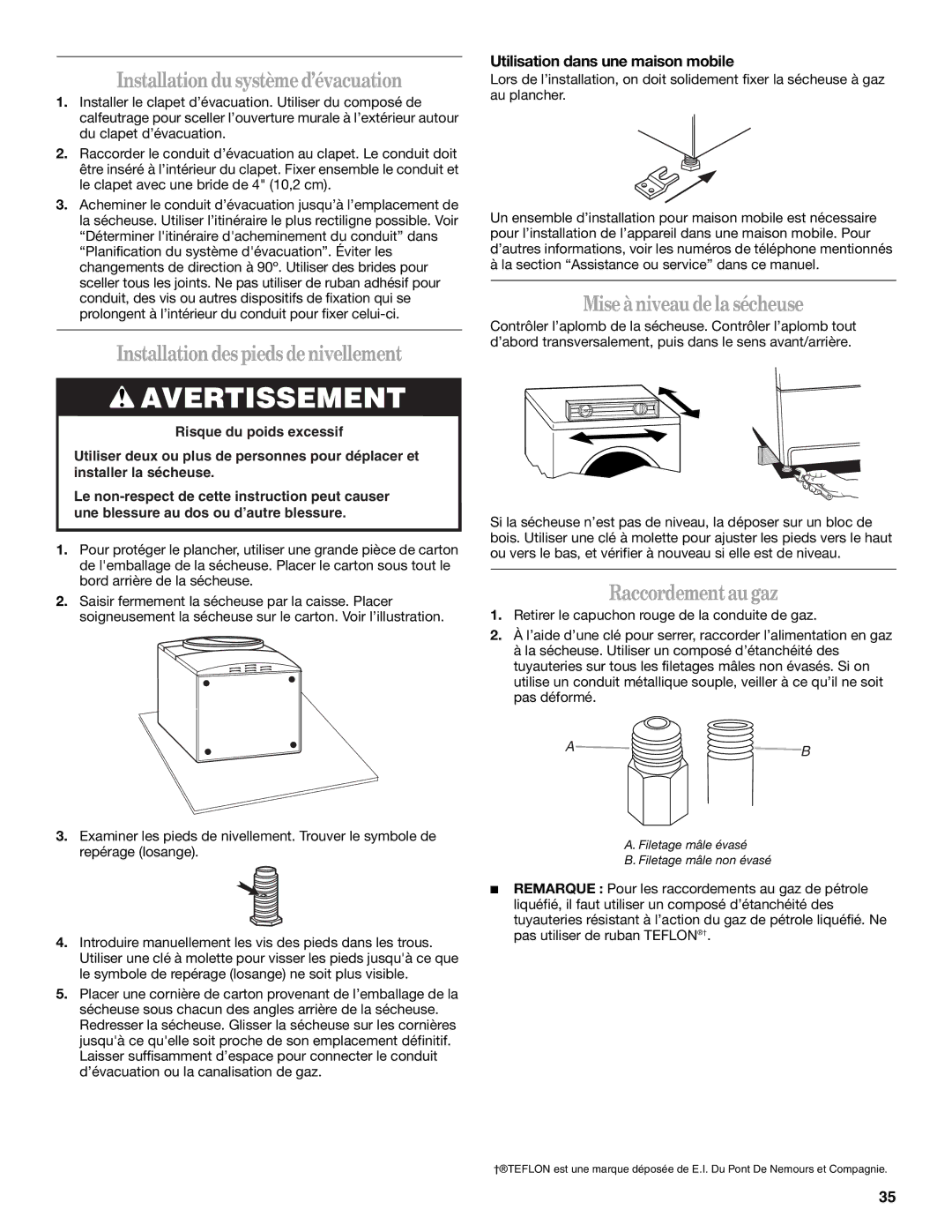 Whirlpool ELECTRONIC GAS DRYER Installation dusystèmed’évacuation, Installationdespiedsdenivellement, Raccordementaugaz 