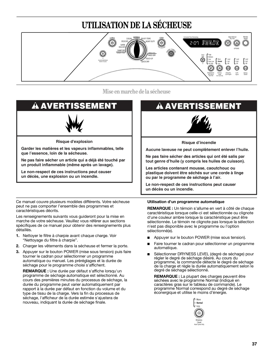 Whirlpool ELECTRONIC GAS DRYER Utilisation DE LA Sécheuse, Miseenmarchedelasécheuse, Utilisation dun programme automatique 