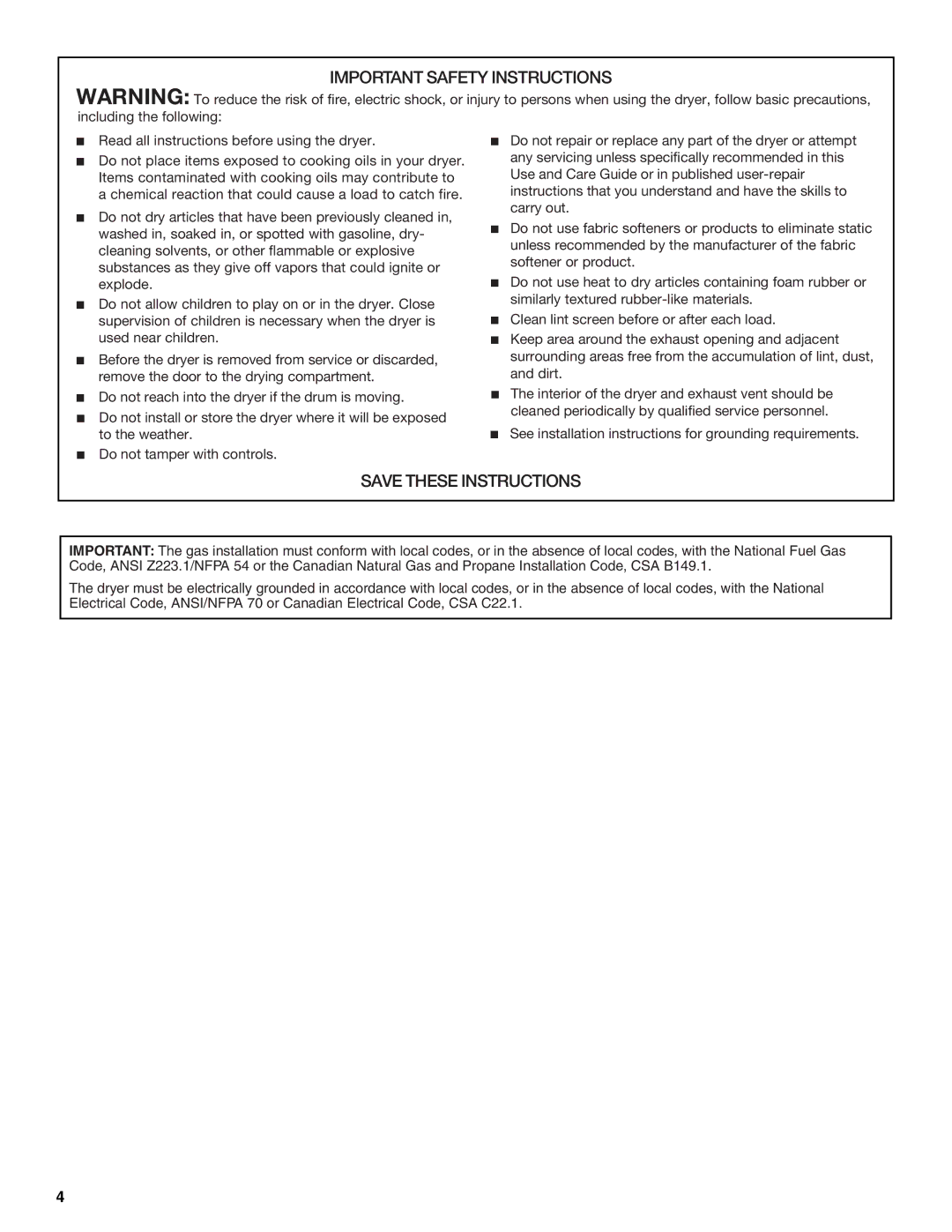 Whirlpool ELECTRONIC GAS DRYER manual Important Safety Instructions 