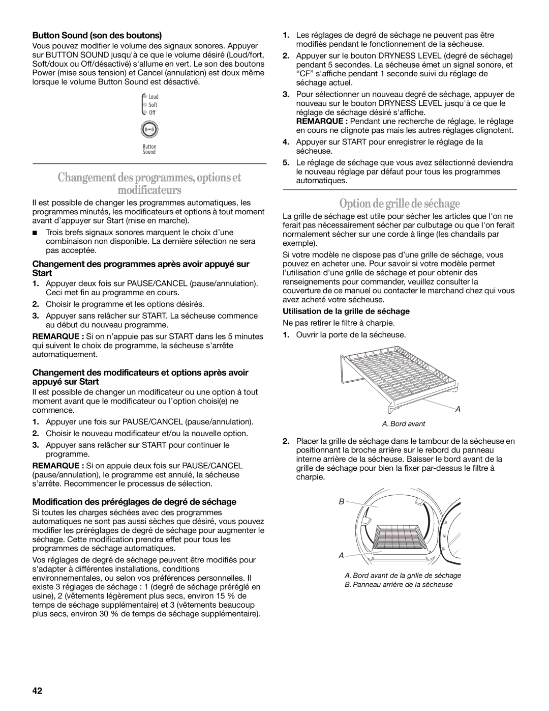 Whirlpool ELECTRONIC GAS DRYER manual Changementdesprogrammes,optionset Modificateurs, Option degrilledeséchage 