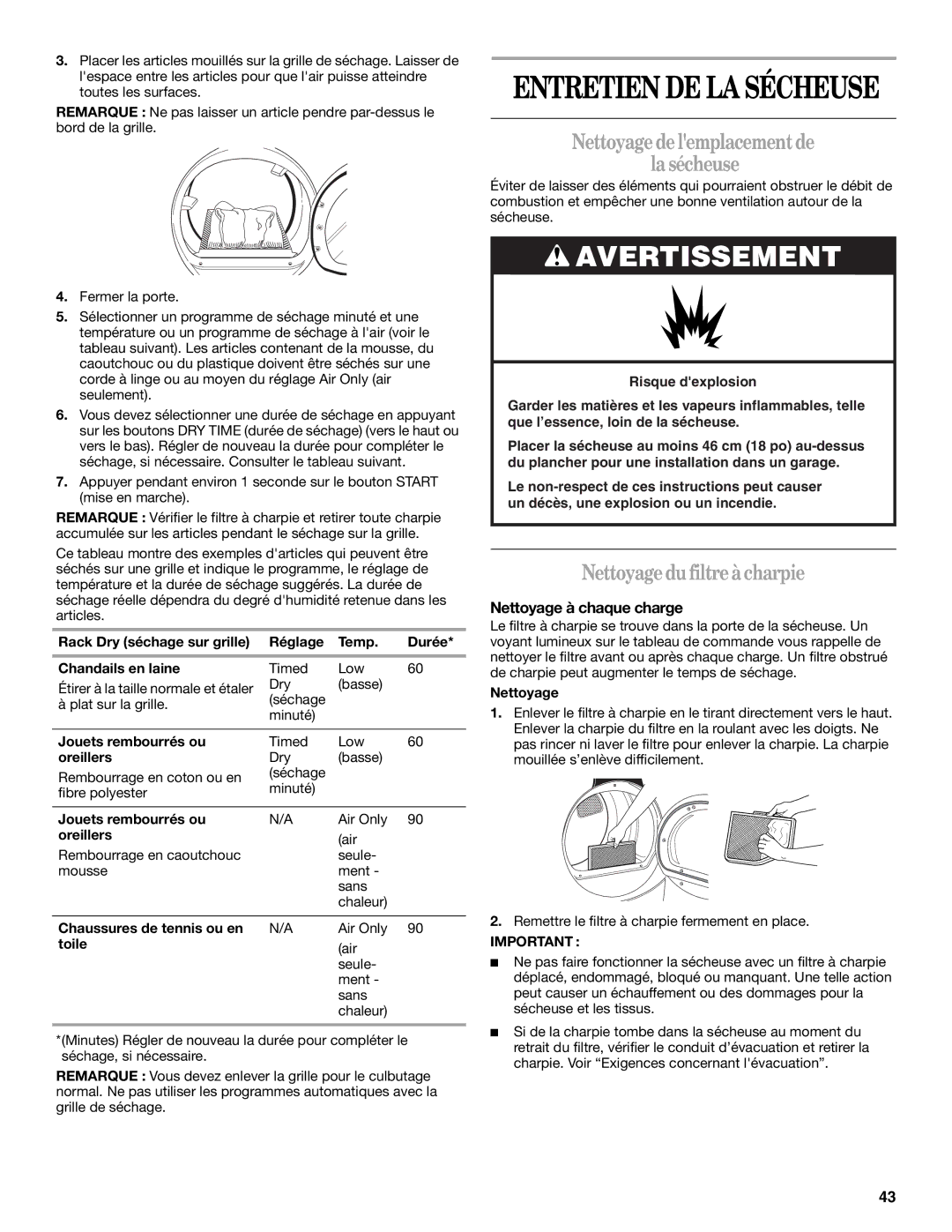 Whirlpool ELECTRONIC GAS DRYER Nettoyagedelemplacementde Lasécheuse, Nettoyagedu filtreàcharpie, Nettoyage à chaque charge 