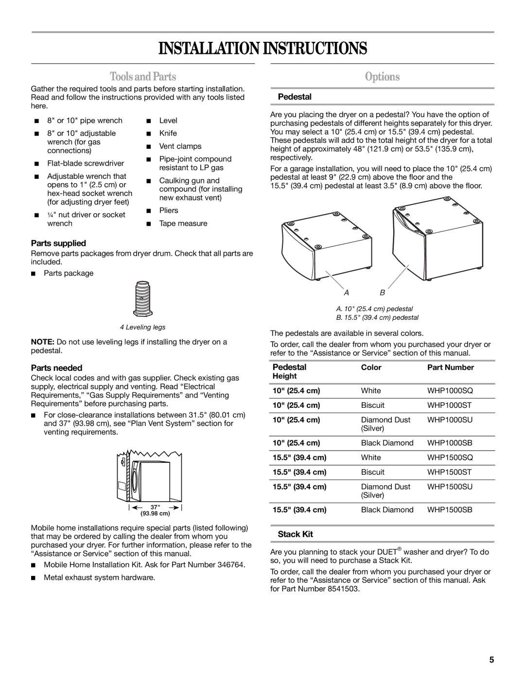 Whirlpool ELECTRONIC GAS DRYER manual Installation Instructions, ToolsandParts, Options 