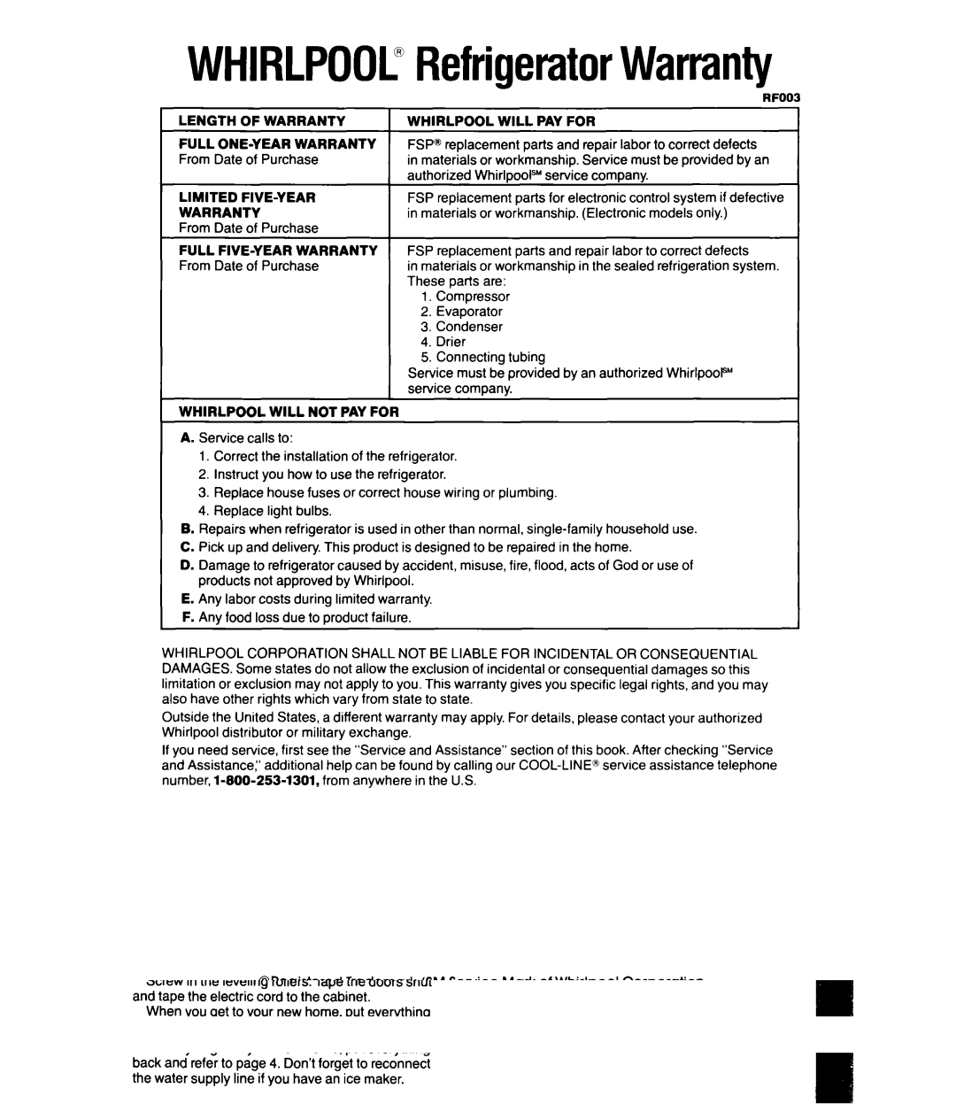 Whirlpool Ell8DK manual Length Warranty, Will PAY for Full ONE-YEAR Warranty, Limited FIVE-YEAR, Whirlpool will not PAY for 