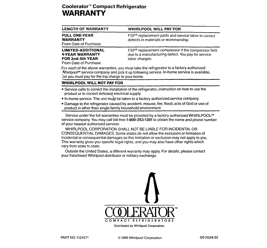 Whirlpool EM02ACRWW0 manual Warranty, CooleratoP Compact Refrigerator 