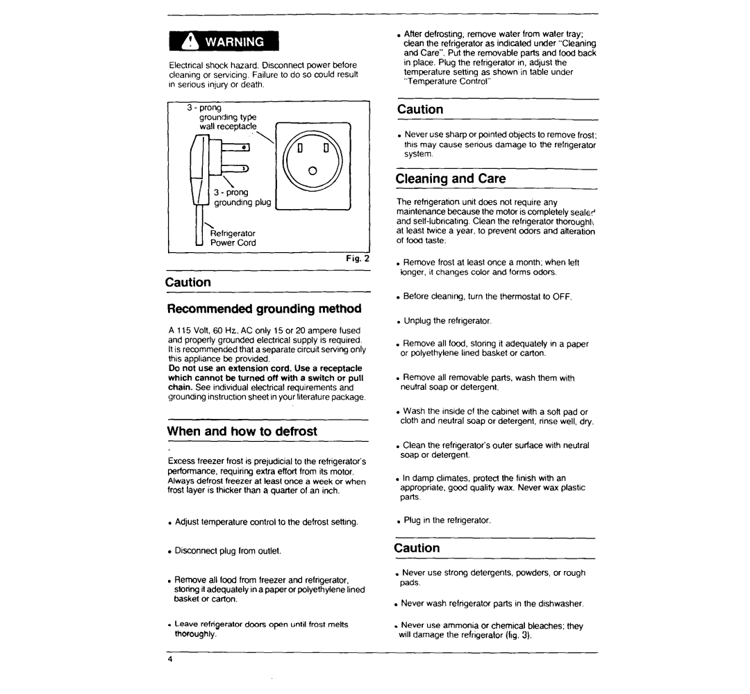 Whirlpool EM02ACRWW0 manual Recommended grounding method, When and how to defrost, Cleaning and Care 