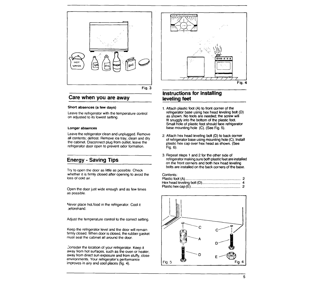 Whirlpool EM02ACRWW0 manual Care when you are away, Energy - Saving Tips, Instructions for installing leveling feet 