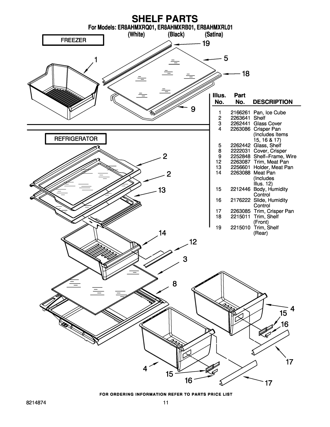 Whirlpool manual Shelf Parts, For Models ER8AHMXRQ01, ER8AHMXRB01, ER8AHMXRL01 White Black Satina, Illus, Description 