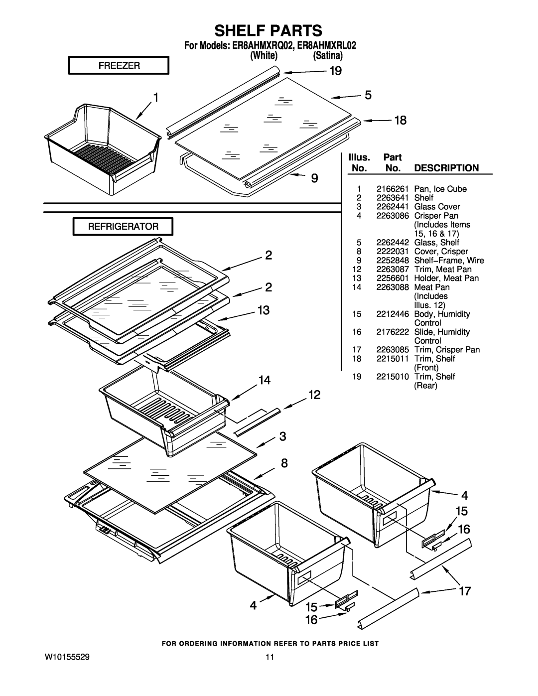 Whirlpool manual Shelf Parts, Illus, Description, For Models ER8AHMXRQ02, ER8AHMXRL02 White Satina 