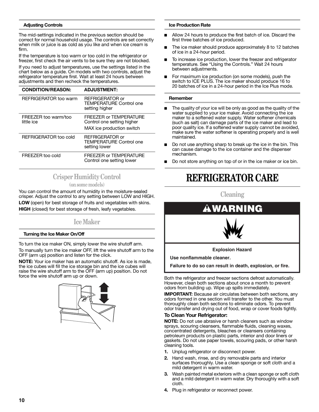 Whirlpool ER8MHKXRB00 warranty Refrigerator Care, CrisperHumidityControl, IceMaker, Cleaning, To Clean Your Refrigerator 