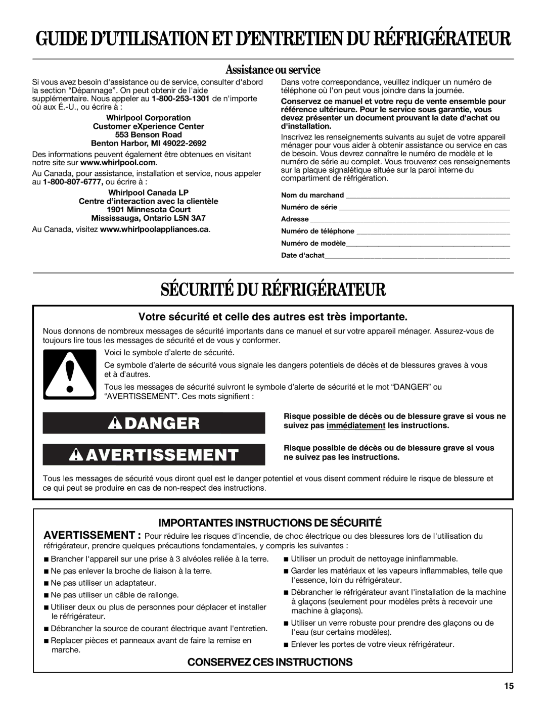 Whirlpool ER8MHKXRB00 warranty Sécurité DU Réfrigérateur, Assistanceou service 