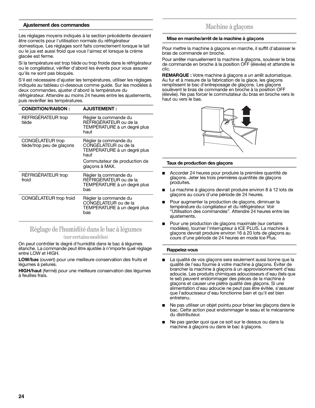 Whirlpool ER8MHKXRB00 warranty Réglagedelhumiditédans lebacà légumes, Machineàglaçons, Ajustement des commandes 