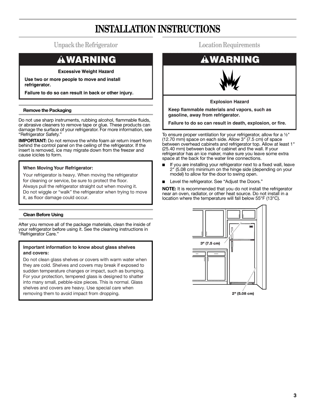 Whirlpool ER8MHKXRB00 warranty Installation Instructions, UnpacktheRefrigerator, LocationRequirements, Clean Before Using 