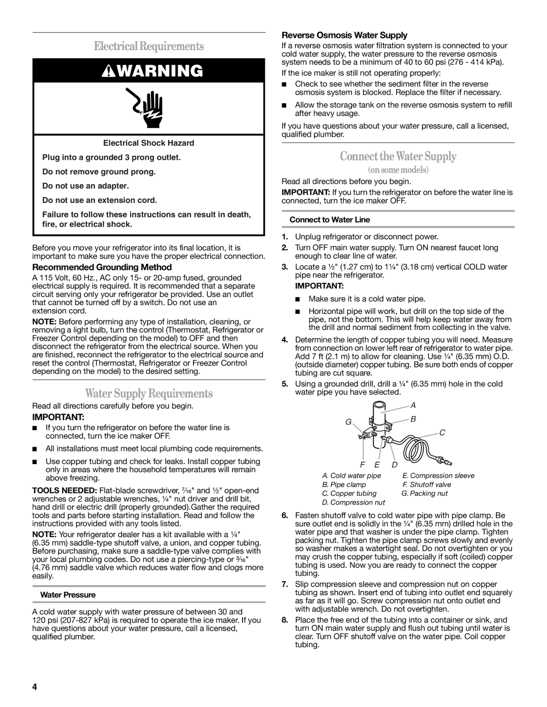 Whirlpool ER8MHKXRB00 warranty Electrical Requirements, Water Supply Requirements, ConnecttheWaterSupply 