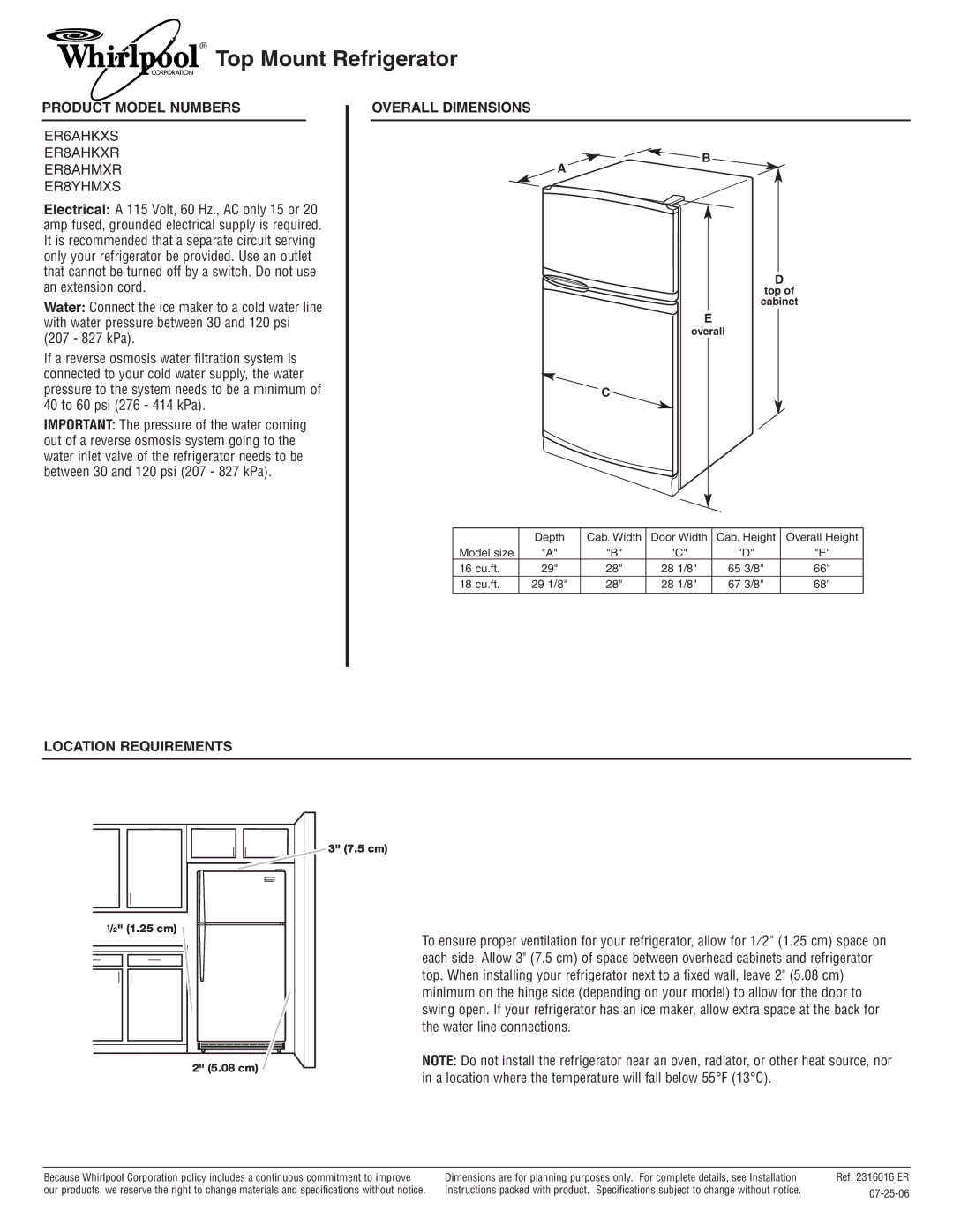 Whirlpool dimensions Top Mount Refrigerator, Product Model Numbers, ER6AHKXS ER8AHKXR ER8AHMXR ER8YHMXS 