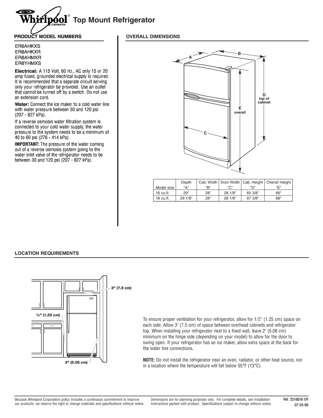 Whirlpool ER8AHMXR dimensions Top Mount Refrigerator, Product Model Numbers, Overall Dimensions, Location Requirements 