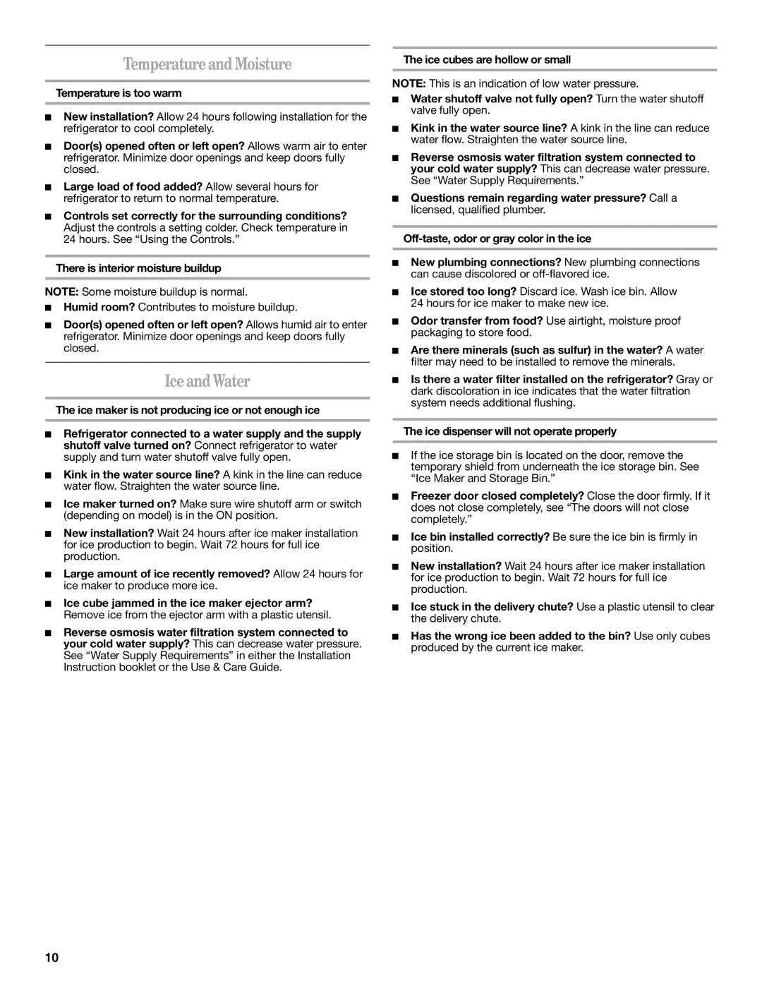 Whirlpool ES2FHAXSA00 warranty TemperatureandMoisture, IceandWater, Temperature is too warm 