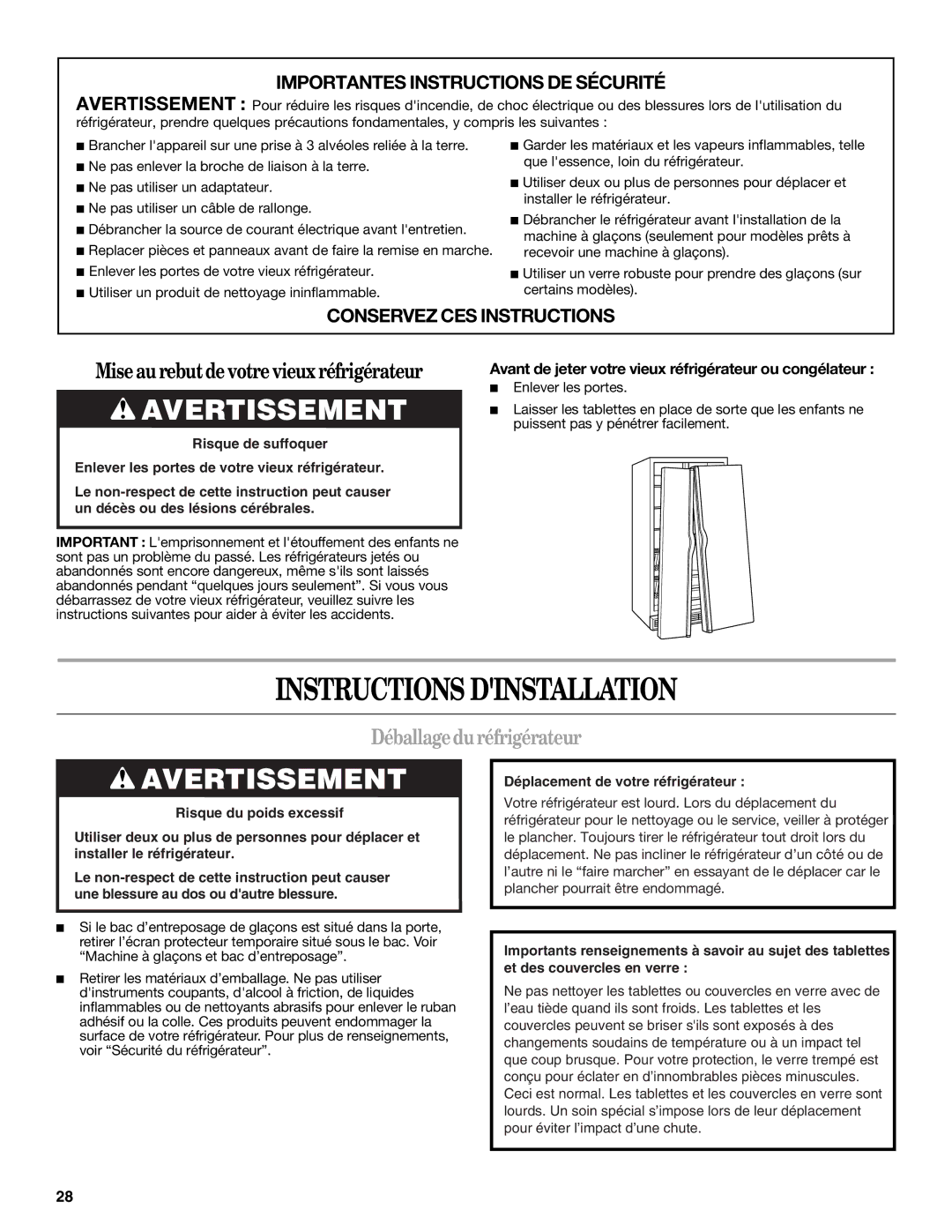 Whirlpool ES2FHAXSA00 warranty Instructions Dinstallation, Déballageduréfrigérateur, Enlever les portes 