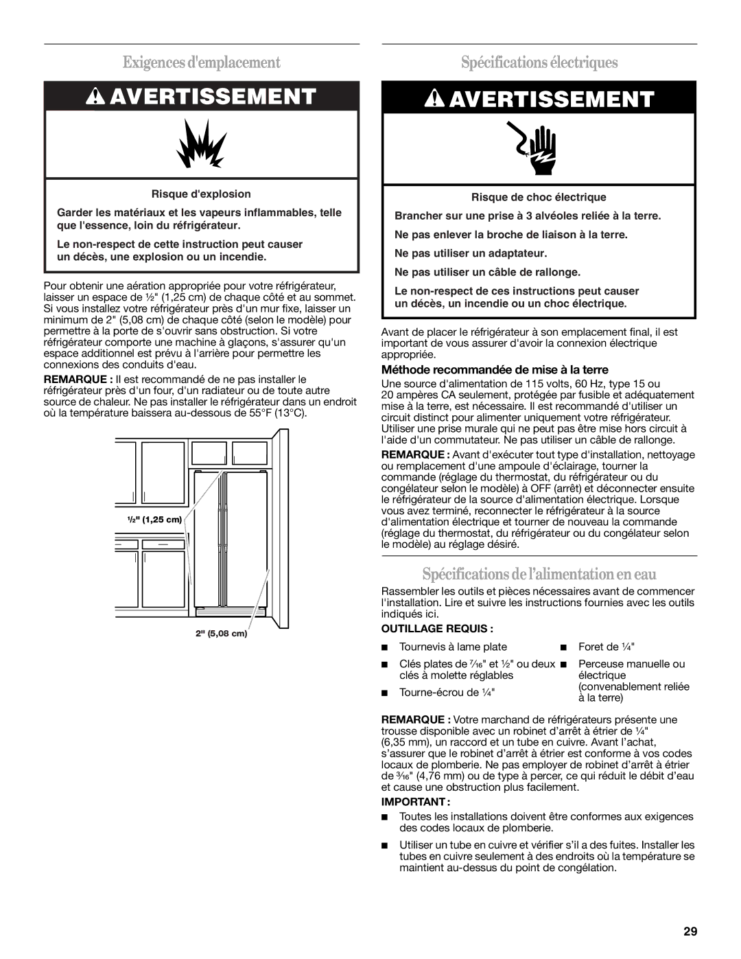 Whirlpool ES2FHAXSA00 warranty Exigences demplacement, Spécifications électriques, Spécifications del’alimentationen eau 