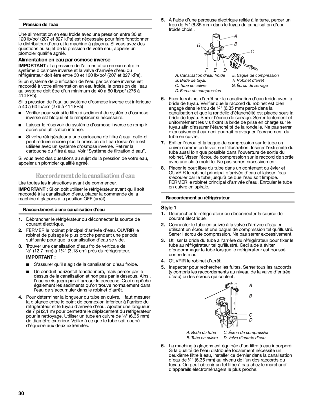 Whirlpool ES2FHAXSA00 warranty Raccordementdelacanalisation deau, Alimentation en eau par osmose inverse, Pression de leau 