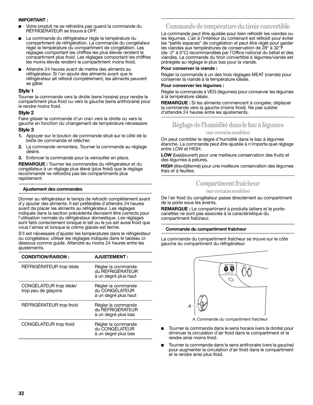 Whirlpool ES2FHAXSA00 warranty Commandedetempératuredutiroirconvertible, Réglagedelhumiditédanslebacà légumes 