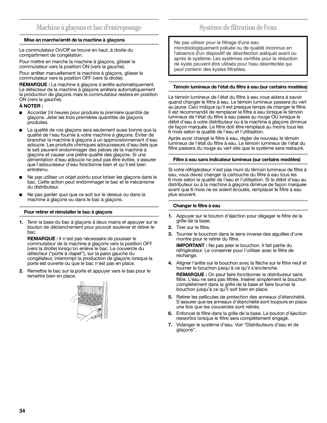 Whirlpool ES2FHAXSA00 warranty Machineàglaçonsetbacdentreposage, Systèmedefiltrationdeleau 