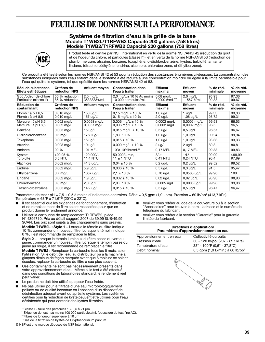 Whirlpool ES2FHAXSA00 warranty Feuilles DE Données SUR LA Performance, Système de filtration d’eau à la grille de la base 