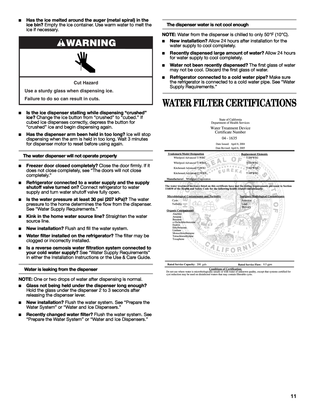 Whirlpool ES2FHAXSA00 warranty Water Filter Certifications, The water dispenser will not operate properly 