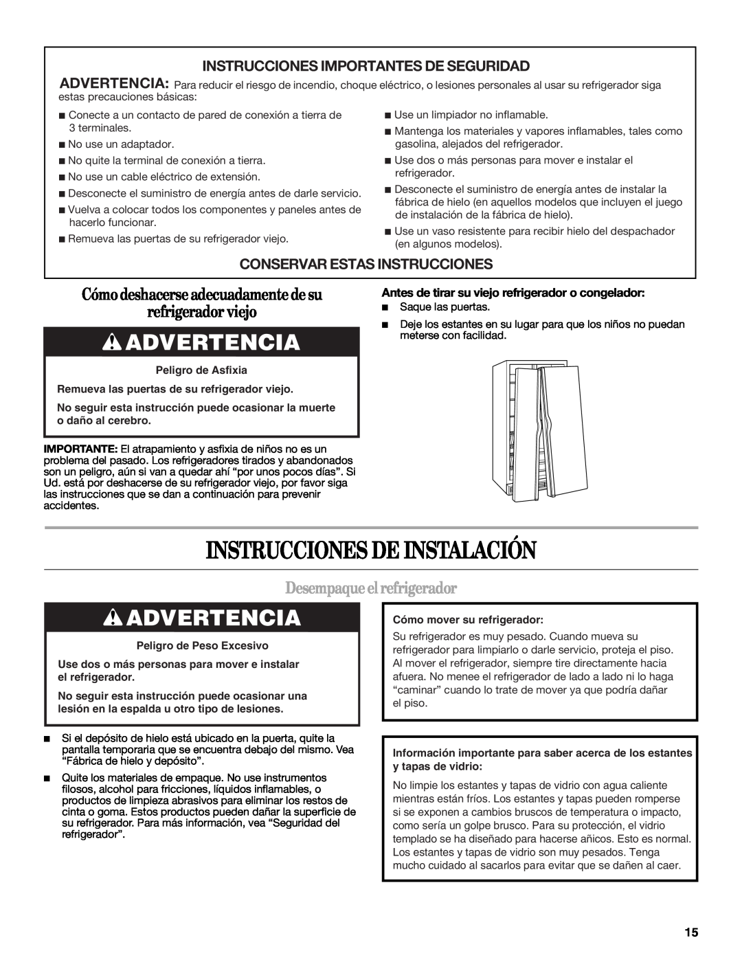 Whirlpool ES2FHAXSA00 Instrucciones De Instalación, Advertencia, Cómodeshacerseadecuadamentedesu refrigerador viejo 