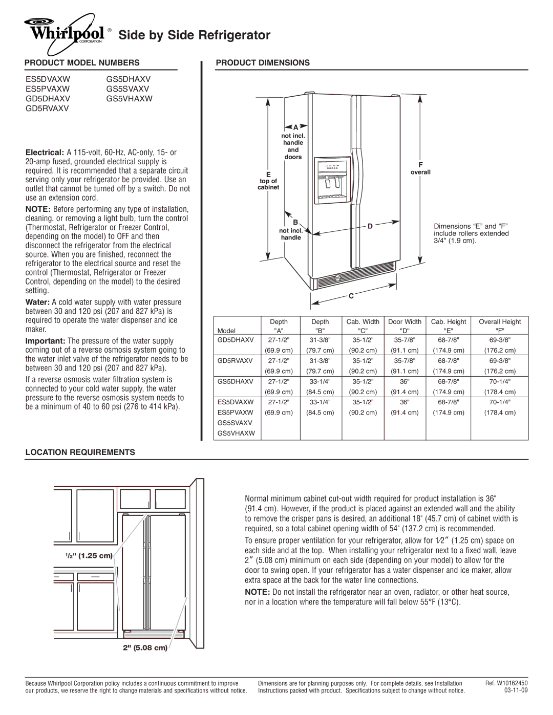 Whirlpool ES5DVAXW dimensions Side by Side Refrigerator, Product Model Numbers, Product Dimensions, Location Requirements 