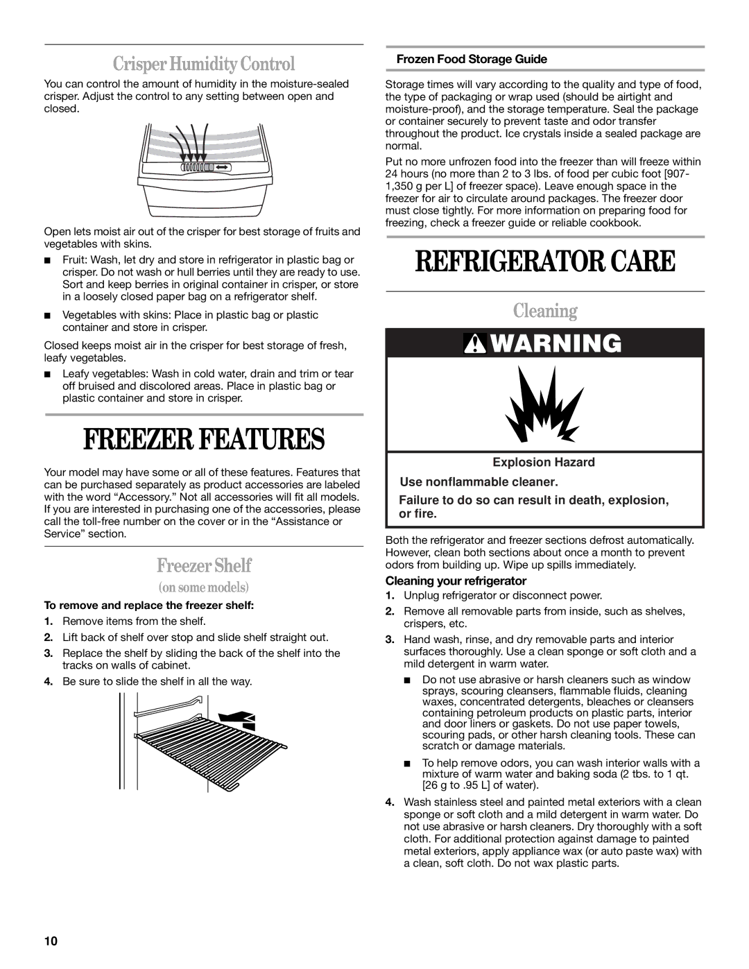 Whirlpool ET0WSRXML00 manual Freezer Features, Refrigerator Care, Crisper Humidity Control, Freezer Shelf, Cleaning 