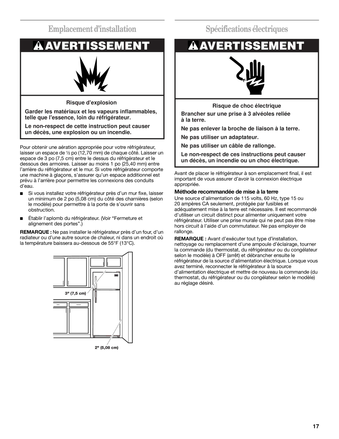 Whirlpool ET0WSRXML00 manual Emplacement d’installation, Spécifications électriques, Méthode recommandée de mise à la terre 