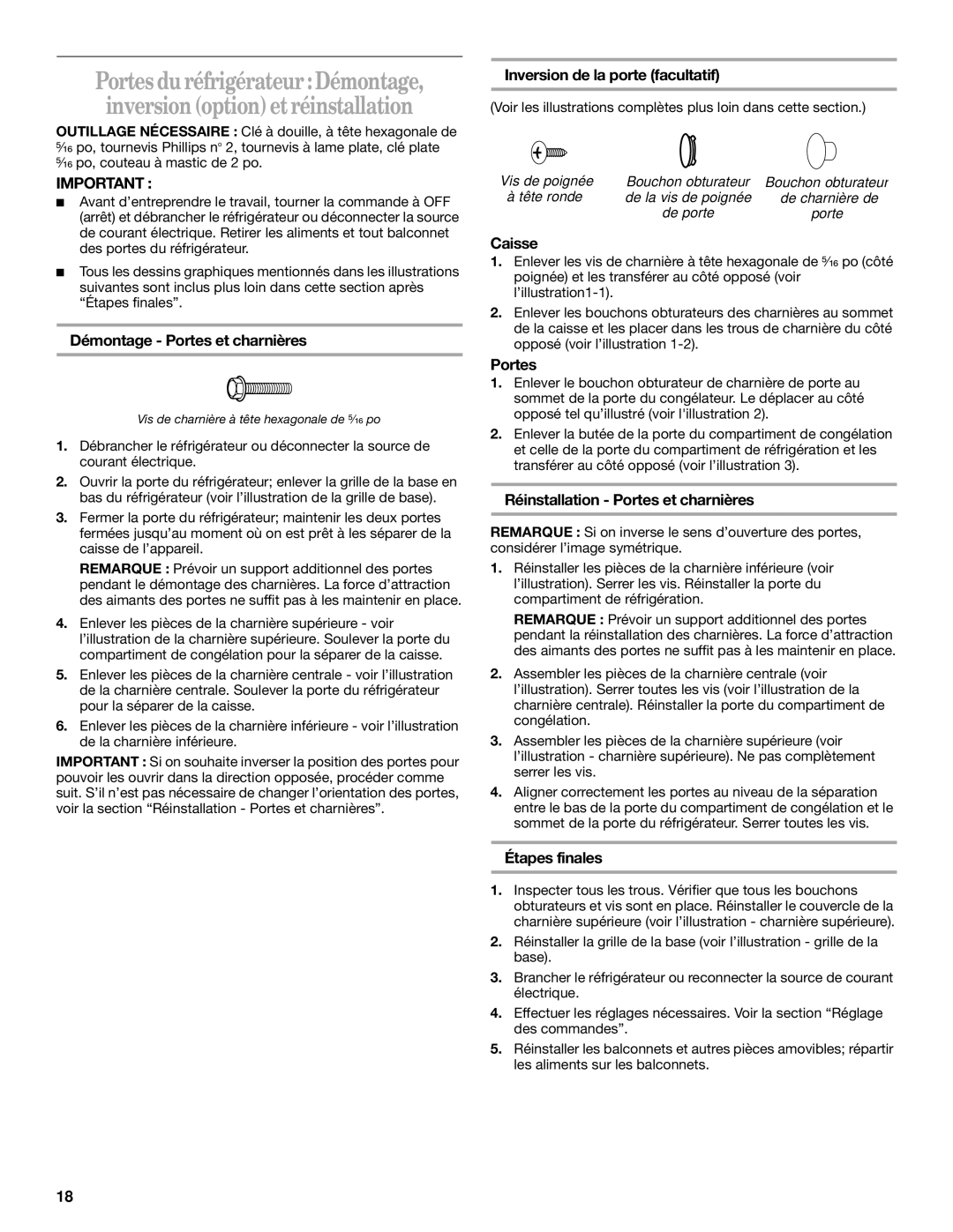 Whirlpool ET0WSRXML00 manual Démontage Portes et charnières, Inversion de la porte facultatif, Caisse, Étapes finales 