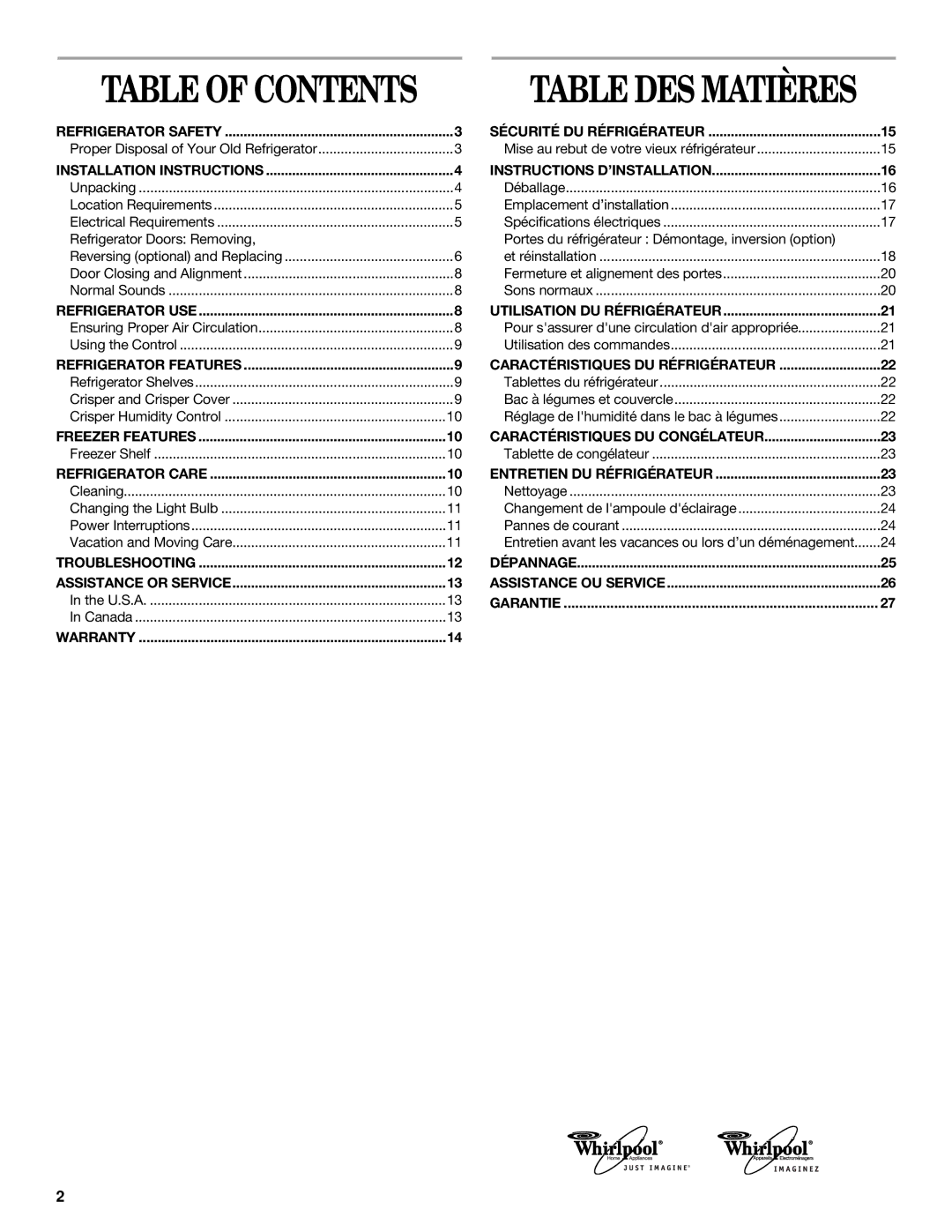 Whirlpool ET0WSRXML00 manual Table of Contents 