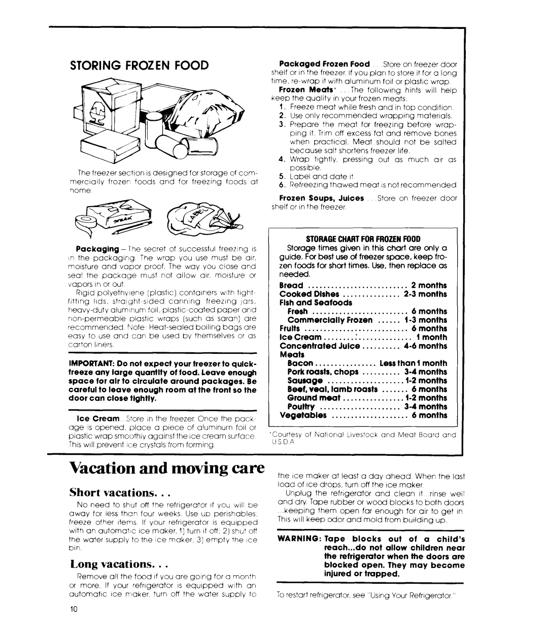 Whirlpool ET12AK manual Vacation and moving care, Short vacations, Long vacations, Usda 