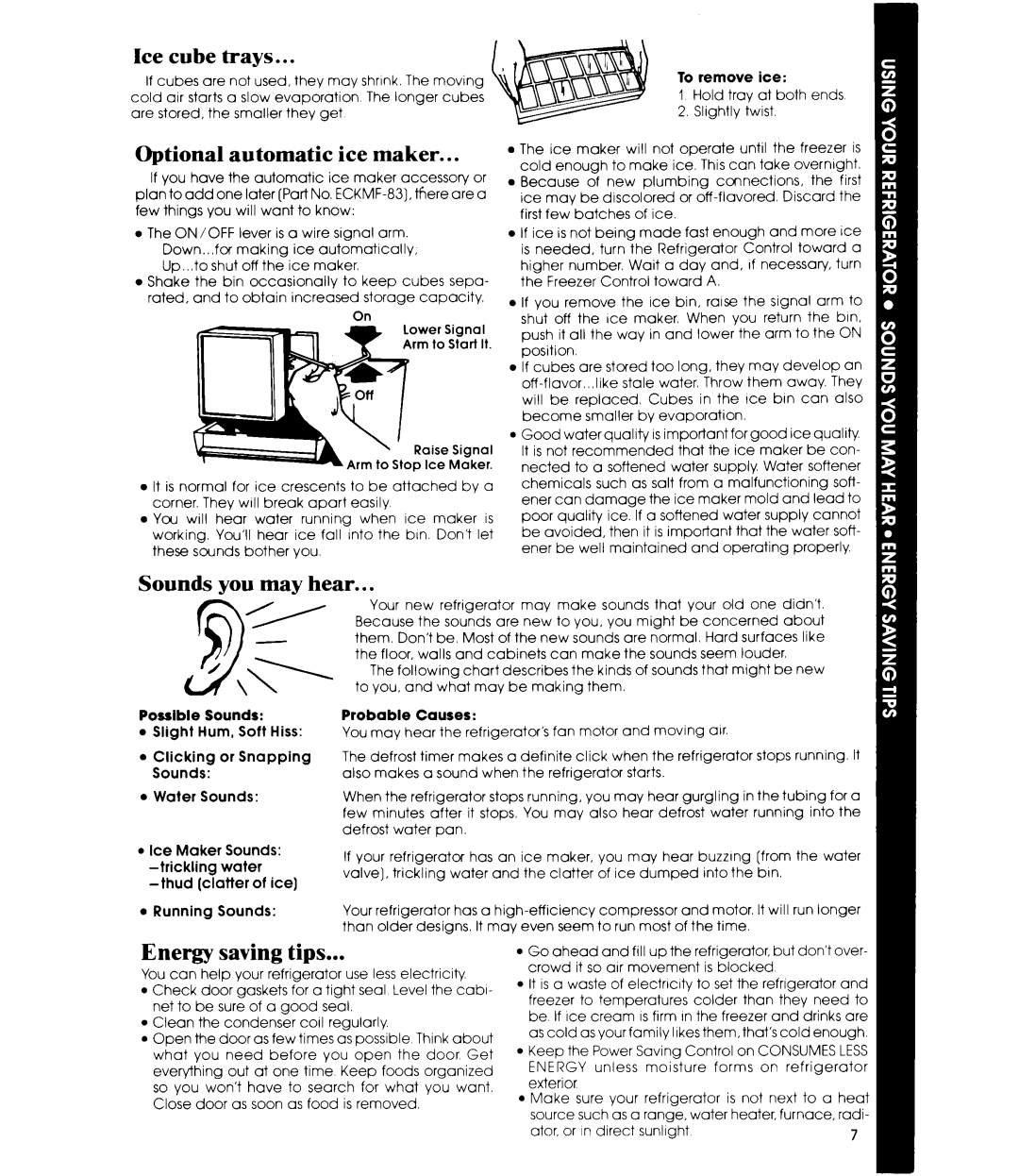 Whirlpool ET12AK manual Cube Trays, Optional, Ice Maker, Sounds you may hear, Energy saving tips 