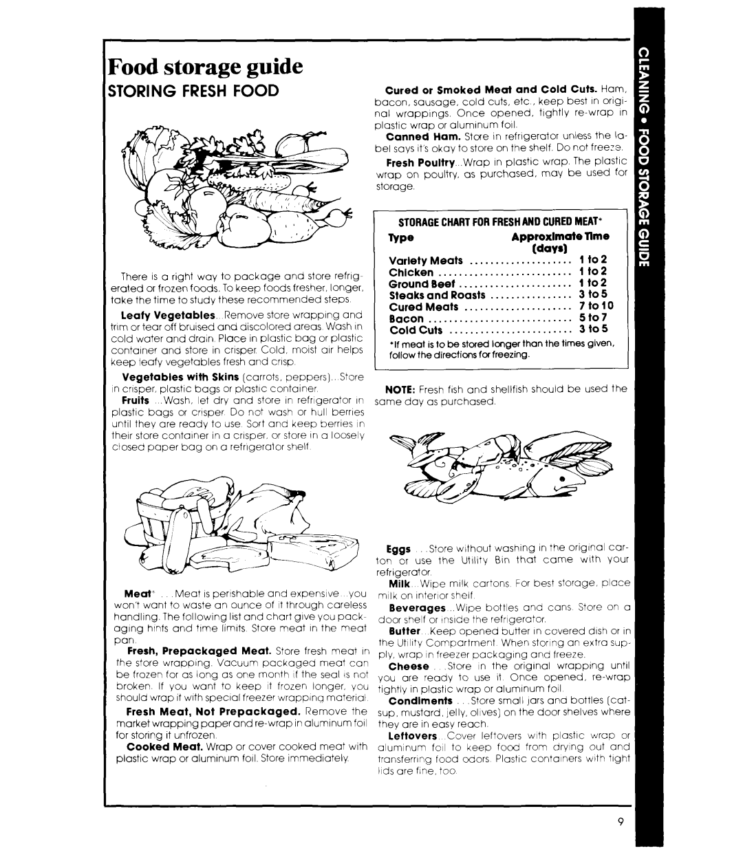 Whirlpool ET12AK manual Food storage guide, Storing Fresh Food, Storagechartforfreshandcuredmeat, Approxlmate, days 