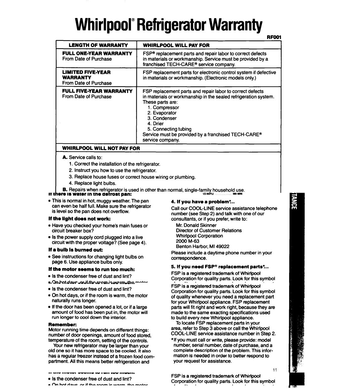 Whirlpool ET12LK WhirlpoolRefrigeratorWarranty, Limited FIVE-YEAR, Full FIVE-YEAR Warranty, Whirlpool will not PAY for 